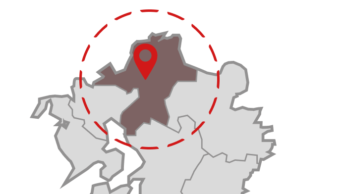 福岡県にピンが置かれている地図